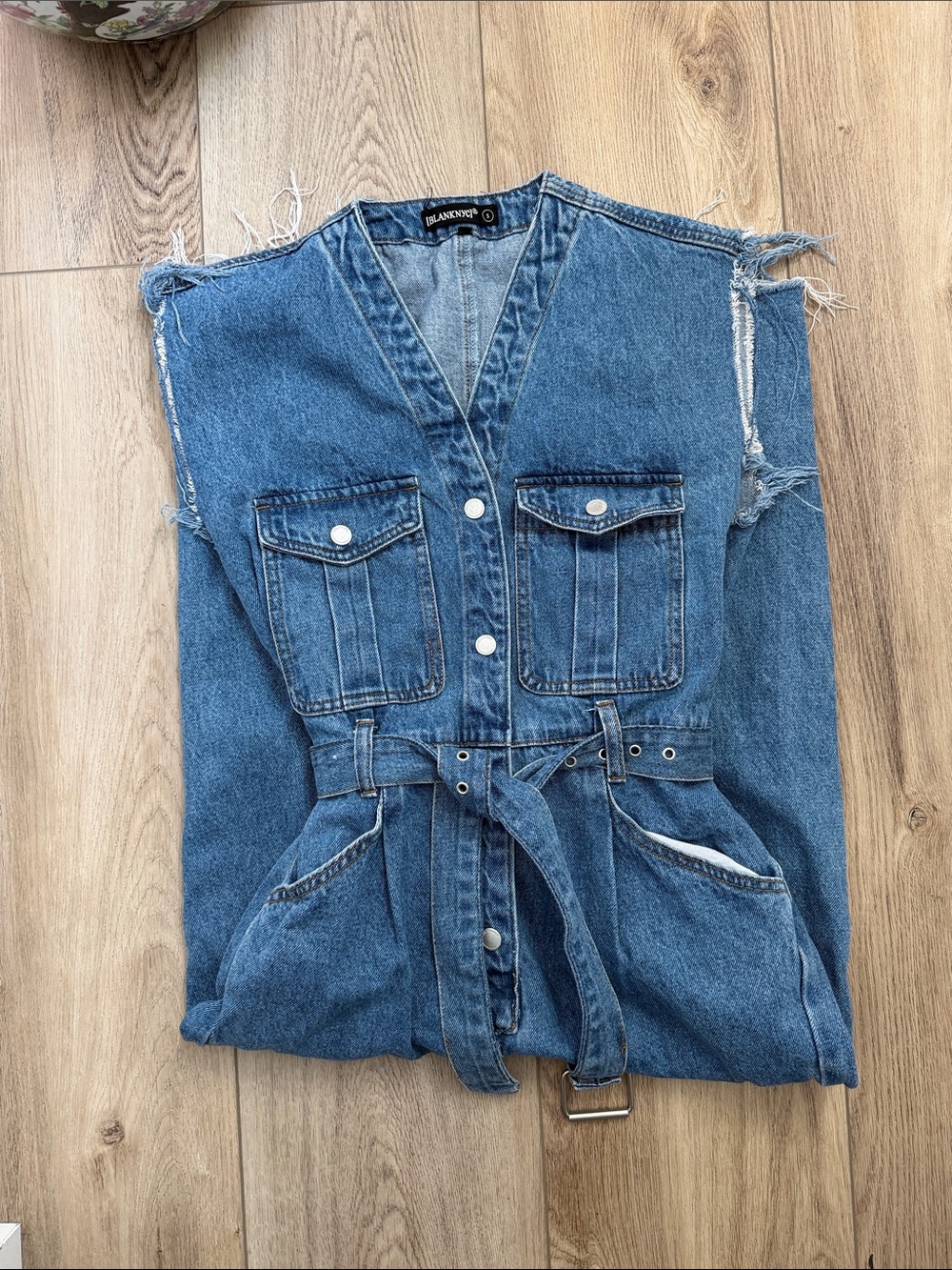 Blank NYC Men's Blue Denim Utility Vest with Belted Waist
